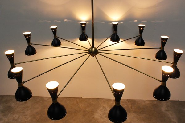 Large Italian Minimalist Brass Chandeliers in the Style of Stilnovo, 1950s, Set of 2-WIP-671308