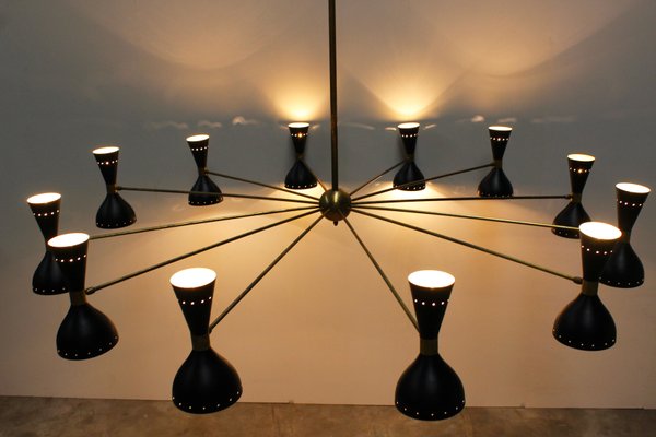 Large Italian Minimalist Brass Chandeliers in the Style of Stilnovo, 1950s, Set of 2-WIP-671308