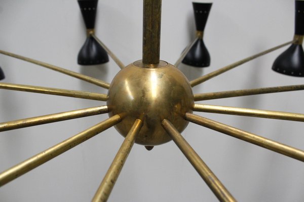 Large Italian Minimalist Brass Chandeliers in the Style of Stilnovo, 1950s, Set of 2-WIP-671308