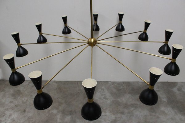 Large Italian Minimalist Brass Chandeliers in the Style of Stilnovo, 1950s, Set of 2-WIP-671308