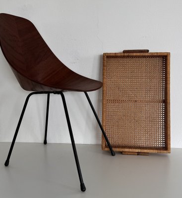 Large Italian Organic Serving Tray in Natural Rattan and Wood, 1970s-VNE-2042943