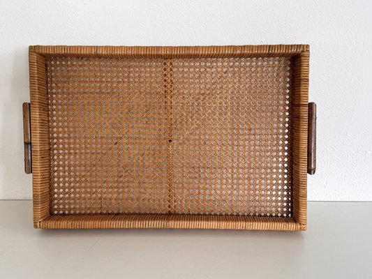 Large Italian Organic Serving Tray in Natural Rattan and Wood, 1970s-VNE-2042943