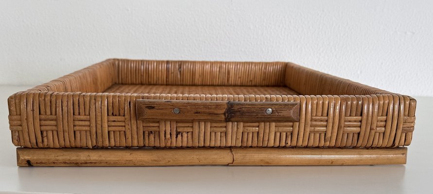 Large Italian Organic Serving Tray in Natural Rattan and Wood, 1970s-VNE-2042943