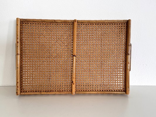 Large Italian Organic Serving Tray in Natural Rattan and Wood, 1970s-VNE-2042943