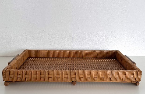 Large Italian Organic Serving Tray in Natural Rattan and Wood, 1970s-VNE-2042943