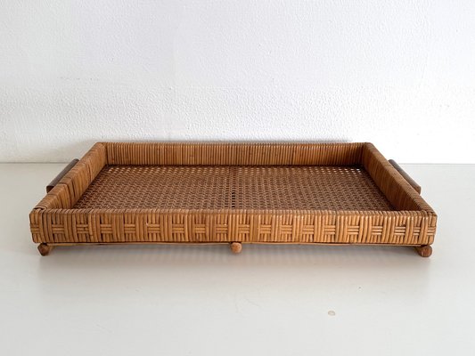 Large Italian Organic Serving Tray in Natural Rattan and Wood, 1970s-VNE-2042943