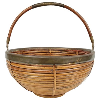 Large Italian Rattan & Brass Basket, 1970s-LYQ-1171369