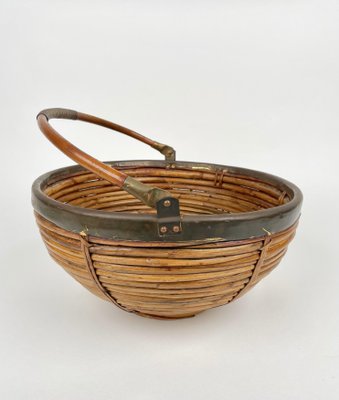 Large Italian Rattan & Brass Basket, 1970s-LYQ-1171369