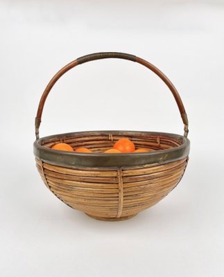 Large Italian Rattan & Brass Basket, 1970s-LYQ-1171369