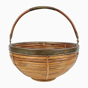 Large Italian Rattan & Brass Basket, 1970s-LYQ-1171369