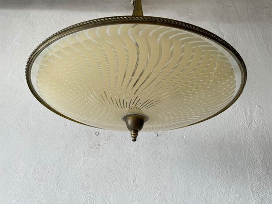 Large Italian Ufo Design Brass Body & Printed Glass Ceiling Lamp from Fontana Arte, 1950s-RDS-1147845