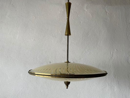 Large Italian Ufo Design Brass Body & Printed Glass Ceiling Lamp from Fontana Arte, 1950s-RDS-1147845