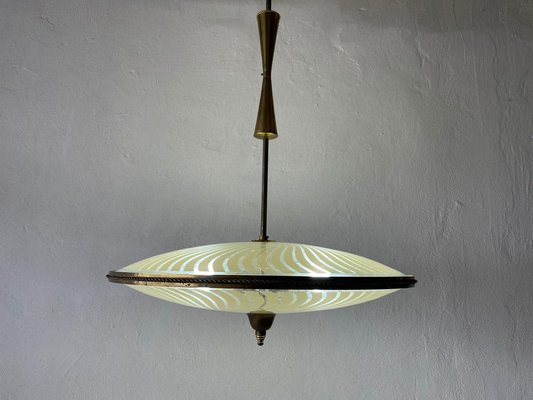 Large Italian Ufo Design Brass Body & Printed Glass Ceiling Lamp from Fontana Arte, 1950s-RDS-1147845