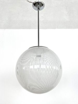 Large Italian White Striped Murano Glass Globe Pendant Light, 1970s-VNE-1758685