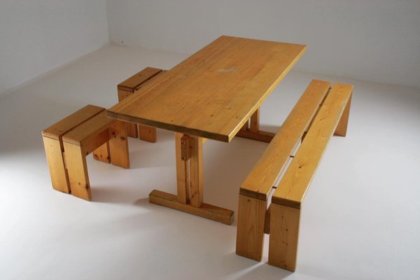 Large Les Arcs Table, Bench and 2 Stools attributed to Charlotte Perriand, France, 1960s, Set of 4-OTV-1397609