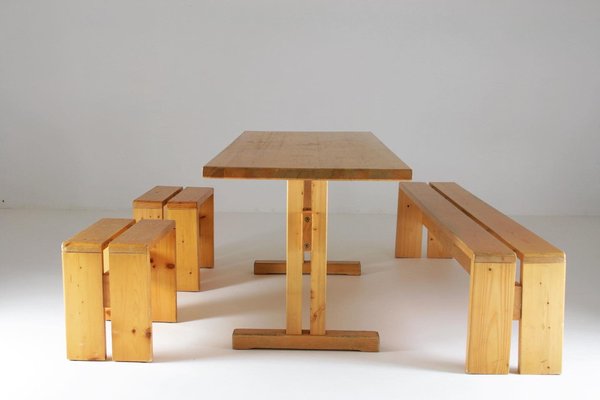 Large Les Arcs Table, Bench and 2 Stools attributed to Charlotte Perriand, France, 1960s, Set of 4-OTV-1397609