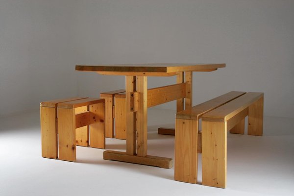 Large Les Arcs Table, Bench and 2 Stools attributed to Charlotte Perriand, France, 1960s, Set of 4-OTV-1397609