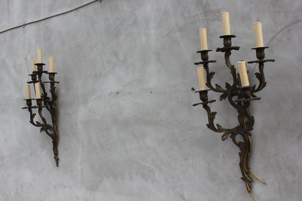 Large Louis XV Style Bronze Sconces with 5 Bulb Lights, Set of 2-UWJ-1181950