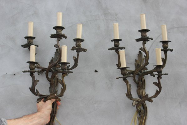 Large Louis XV Style Bronze Sconces with 5 Bulb Lights, Set of 2-UWJ-1181950