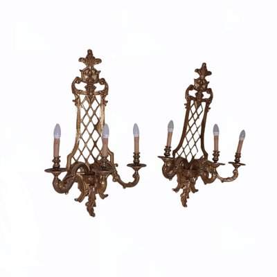 Large Louis XV Style Gilt Bronze 3-Light Sconces, Set of 2-TCS-1058813