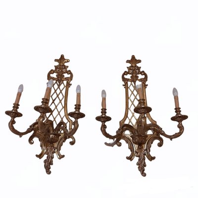 Large Louis XV Style Gilt Bronze 3-Light Sconces, Set of 2-TCS-1058813