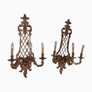 Large Louis XV Style Gilt Bronze 3-Light Sconces, Set of 2-TCS-1058813