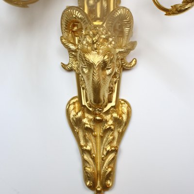 Large Louis XVI Three-Light Candle Sconces with Rams' Heads, 19th Century, Set of 2-KMT-1425521