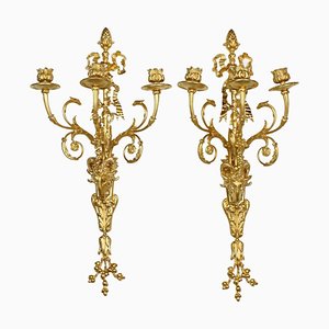 Large Louis XVI Three-Light Candle Sconces with Rams' Heads, 19th Century, Set of 2-KMT-1425521