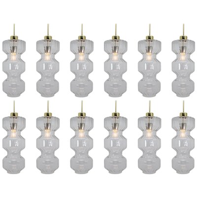 Large Mid-Ccentury Pendants in Glass and Brass, 1970s, Set of 12-TRW-1797068