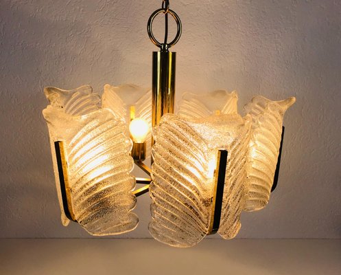 Large Mid-Century 6-Arm Brass and Ice Glass Chandelier from JSB Leuchten, 1960s-PUK-555417