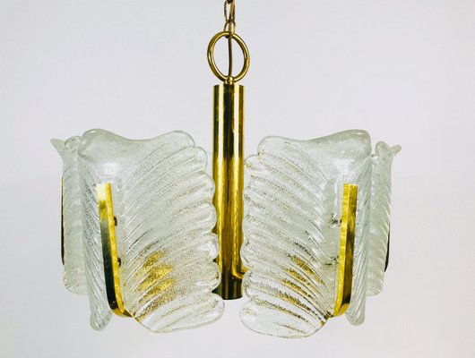 Large Mid-Century 6-Arm Brass and Ice Glass Chandelier from JSB Leuchten, 1960s-PUK-555417