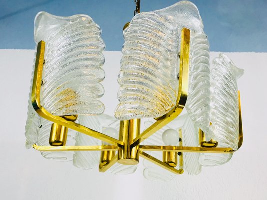 Large Mid-Century 6-Arm Brass and Ice Glass Chandelier from JSB Leuchten, 1960s-PUK-555417