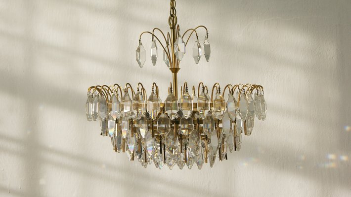 Large Mid-Century Brass and Crystal Glass Ceiling Lamp from Palwa-UMB-1105306