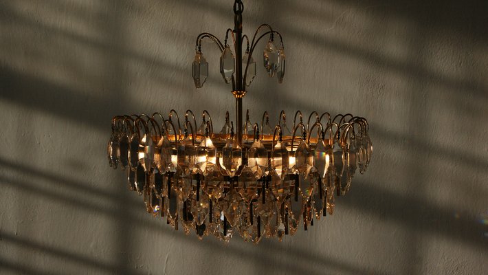 Large Mid-Century Brass and Crystal Glass Ceiling Lamp from Palwa-UMB-1105306