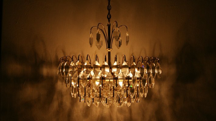 Large Mid-Century Brass and Crystal Glass Ceiling Lamp from Palwa-UMB-1105306