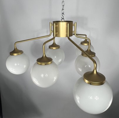 Large Mid-Century Brass and Milk Glass Ceiling Lamp from Reggiani, Italy, 1970s-OT-1286919