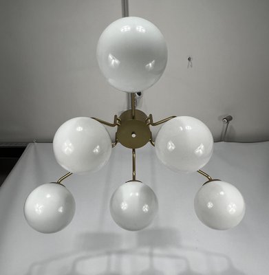 Large Mid-Century Brass and Milk Glass Ceiling Lamp from Reggiani, Italy, 1970s-OT-1286919