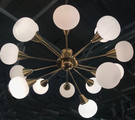 Large Mid-Century Brass, Opaline & Murano Glass Sputnik Chandelier-MBH-1084942