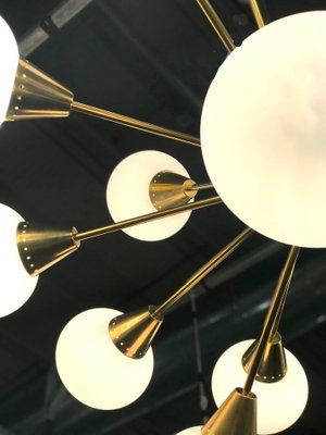 Large Mid-Century Brass, Opaline & Murano Glass Sputnik Chandelier-MBH-1084942