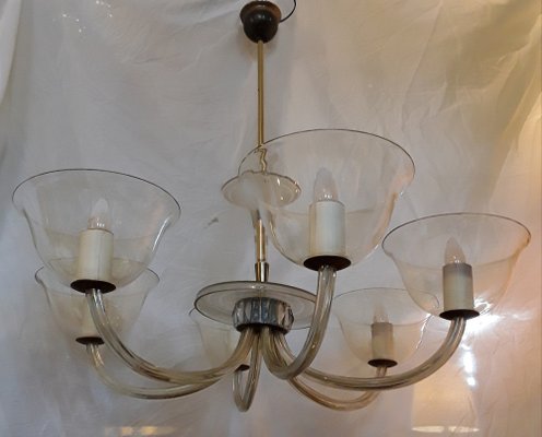 Large Mid-Century Chandelier with Mouth-Blown Glass Bowls, Candle Spouts & 6 Bent Glass Arms, 1950s-HOI-1162149