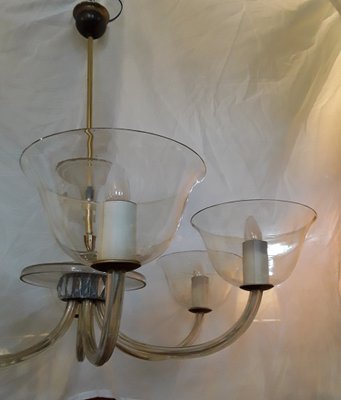 Large Mid-Century Chandelier with Mouth-Blown Glass Bowls, Candle Spouts & 6 Bent Glass Arms, 1950s-HOI-1162149