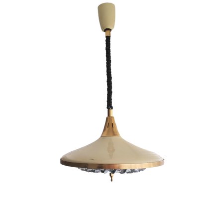 Large Mid-Century Cream Metal Gold Crystal Glass Pull Down Hanging Lamp, 1960s-SCS-1296068