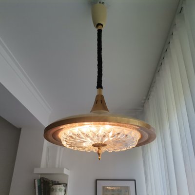 Large Mid-Century Cream Metal Gold Crystal Glass Pull Down Hanging Lamp, 1960s-SCS-1296068