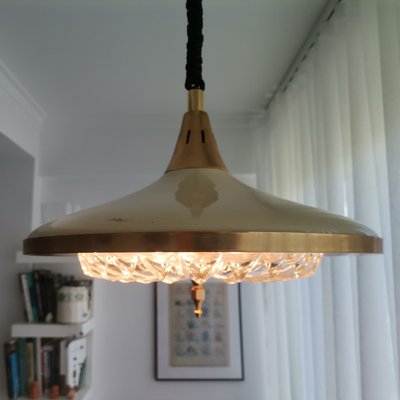 Large Mid-Century Cream Metal Gold Crystal Glass Pull Down Hanging Lamp, 1960s-SCS-1296068