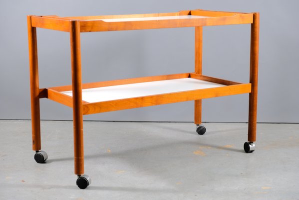 Large Mid-Century German Teak Trolley with White Trays-CIP-935588