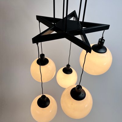 Large Mid-Century Hanging Lamp with 5 White Bols, 1970s-RMX-1195678