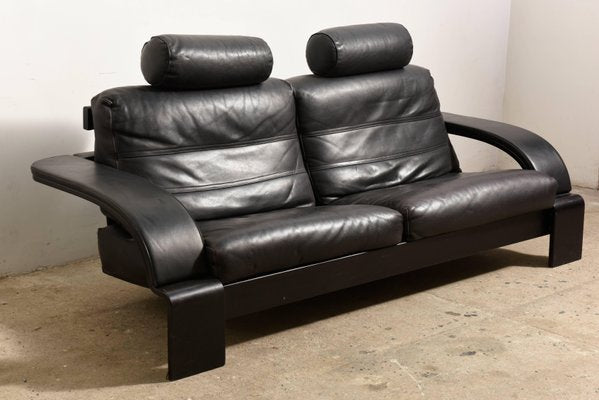 Large Mid-Century Italian Black Leather Lounge Sofa, 1980s-KL-620435