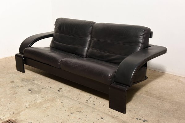 Large Mid-Century Italian Black Leather Lounge Sofa, 1980s-KL-620435