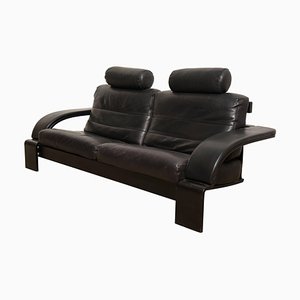 Large Mid-Century Italian Black Leather Lounge Sofa, 1980s-KL-620435