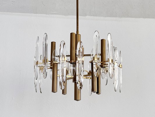 Large Mid-Century Italian Brass and Crystal Glass Chandelier attributed to Gaetano Sciolari, 1970s-VNE-1401212